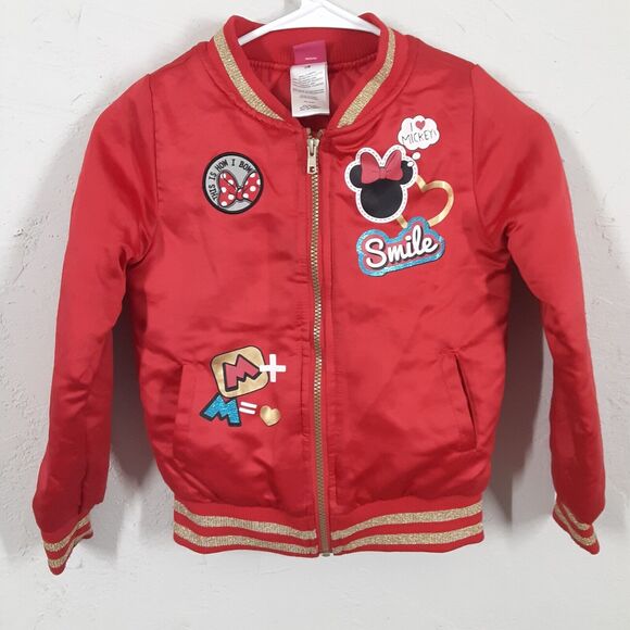 Disney Minnie Mouse Bomber Jacket Girls 7/8 Red Lined Insulated Full Zip Gold - Picture 3 of 11